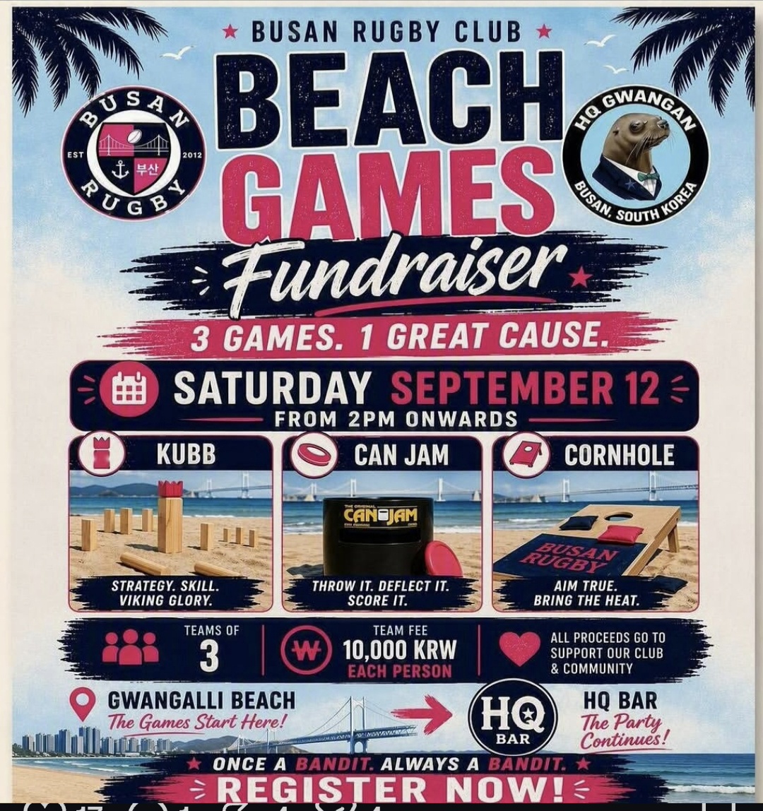 Busan Rugby Club Beach Games Fundraiser, full event poster